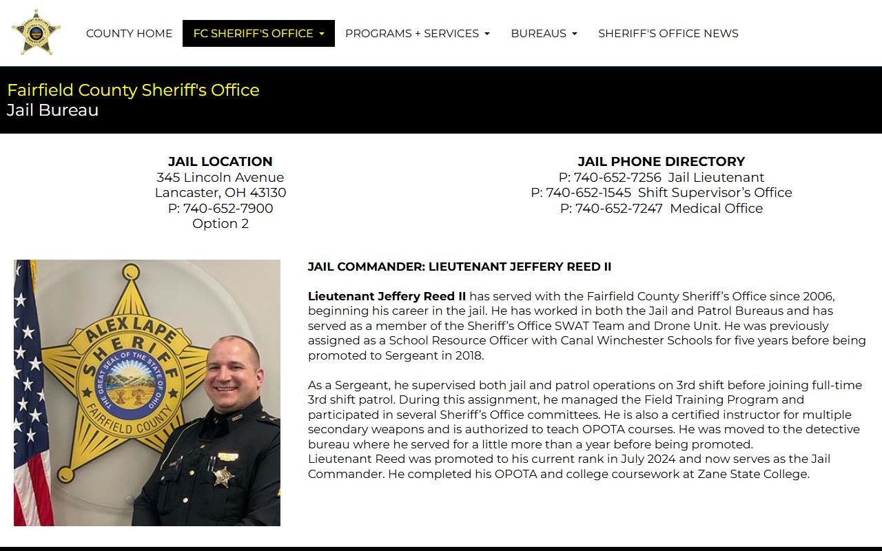 Fairfield County Justice Center inmate custody and jail bureau page
